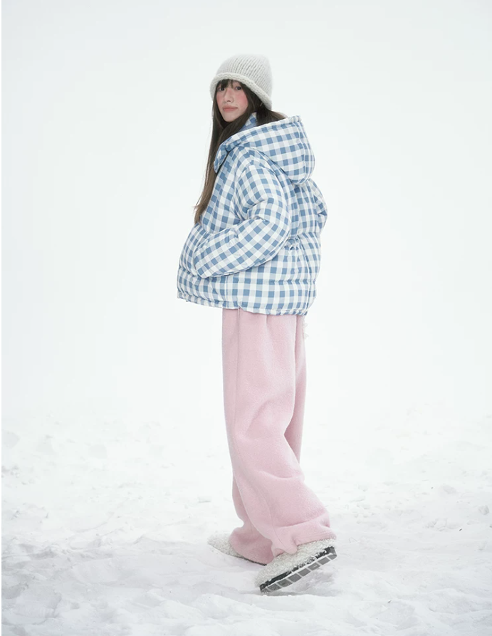 [CAN] Blue Plaid Reversible 90% White Duck Down Hooded Puffer Jacket