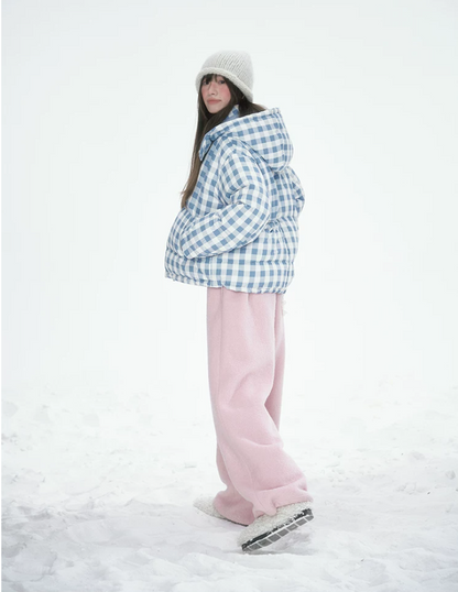 [CAN] Blue Plaid Reversible 90% White Duck Down Hooded Puffer Jacket