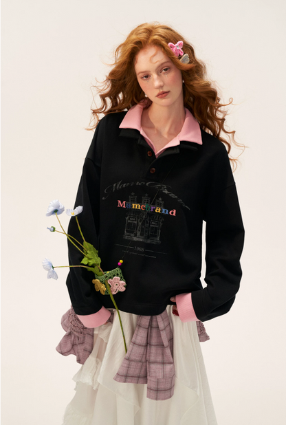 MAMC - Fake Two-Piece Buttoned Polo Sweatshirt - BLACK