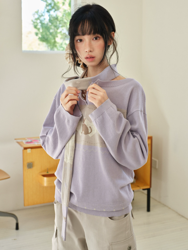 DAILY ARTIST - Taro Purple Cat & Yarn Ball Henley Knit Pullover (With Matching Scarf)