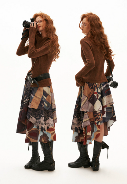 MAMC - Recycled Airy-Knit Fitted Turtleneck Sweater (Orange / Brown)