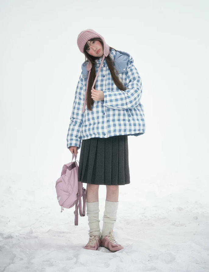 [CAN] Blue Plaid Reversible 90% White Duck Down Hooded Puffer Jacket