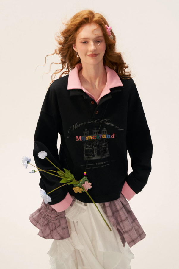 MAMC - Fake Two-Piece Buttoned Polo Sweatshirt - BLACK