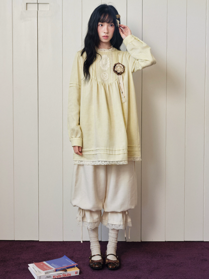 DAILY ARTIST - “Pale Twilight Sequence” Vintage Lace Appliqué Babydoll Dress (Light Brown / Pale Yellow)