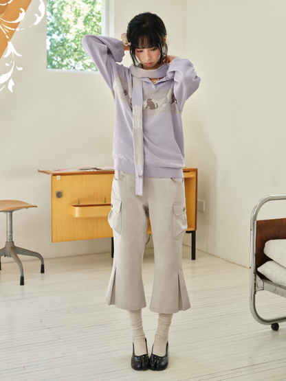DAILY ARTIST - Taro Purple Cat & Yarn Ball Henley Knit Pullover (With Matching Scarf)