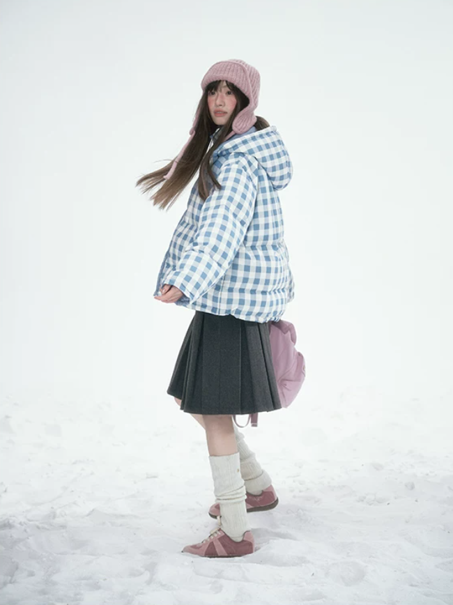 [CAN] Blue Plaid Reversible 90% White Duck Down Hooded Puffer Jacket