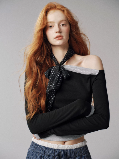 "浪漫波尔卡" Asymmetric Polka Dot Colorblock Long Sleeve Top (Black)
