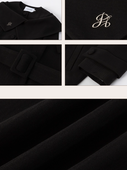 PCH - Black Wool-Blend Waist-Fit Coat with Cape Detail & High-Waist Shorts Set