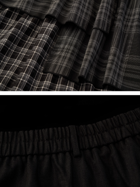 MAMC - Black Plaid Layered Midi Skirt with Denim Patchwork