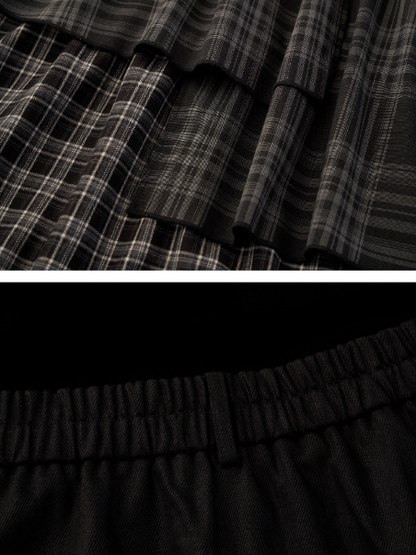 MAMC - Black Plaid Layered Midi Skirt with Denim Patchwork