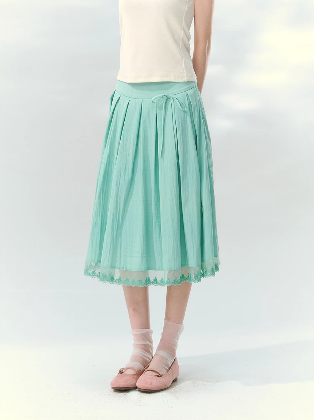 “Mint Waltz” Mint Green Lace Trim Pleated Midi Skirt