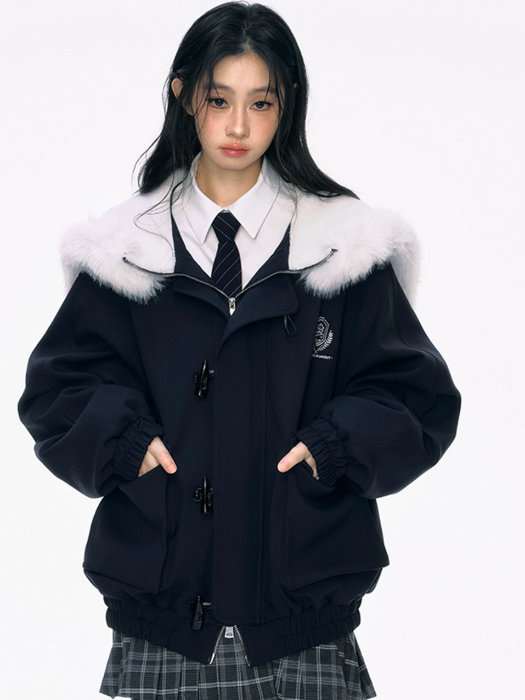 PCH - Navy Blue Padded Jacket with Faux Fur Collar