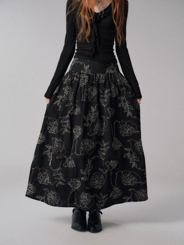 "糖果多巴胺" Color-Accented Embroidered Flared Midi Skirt (Black)