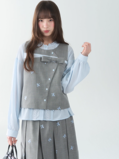罐头士多所 - "Blue Whisper" Bow-Tie Vest Top & Pleated Skirt Set
