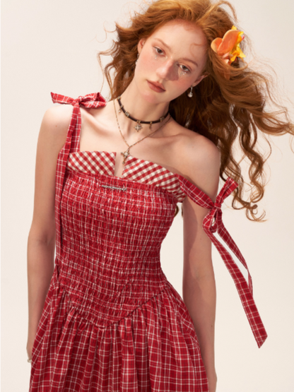 French Bow Tie Strap Smocked Dress WE852 (Red Plaid)