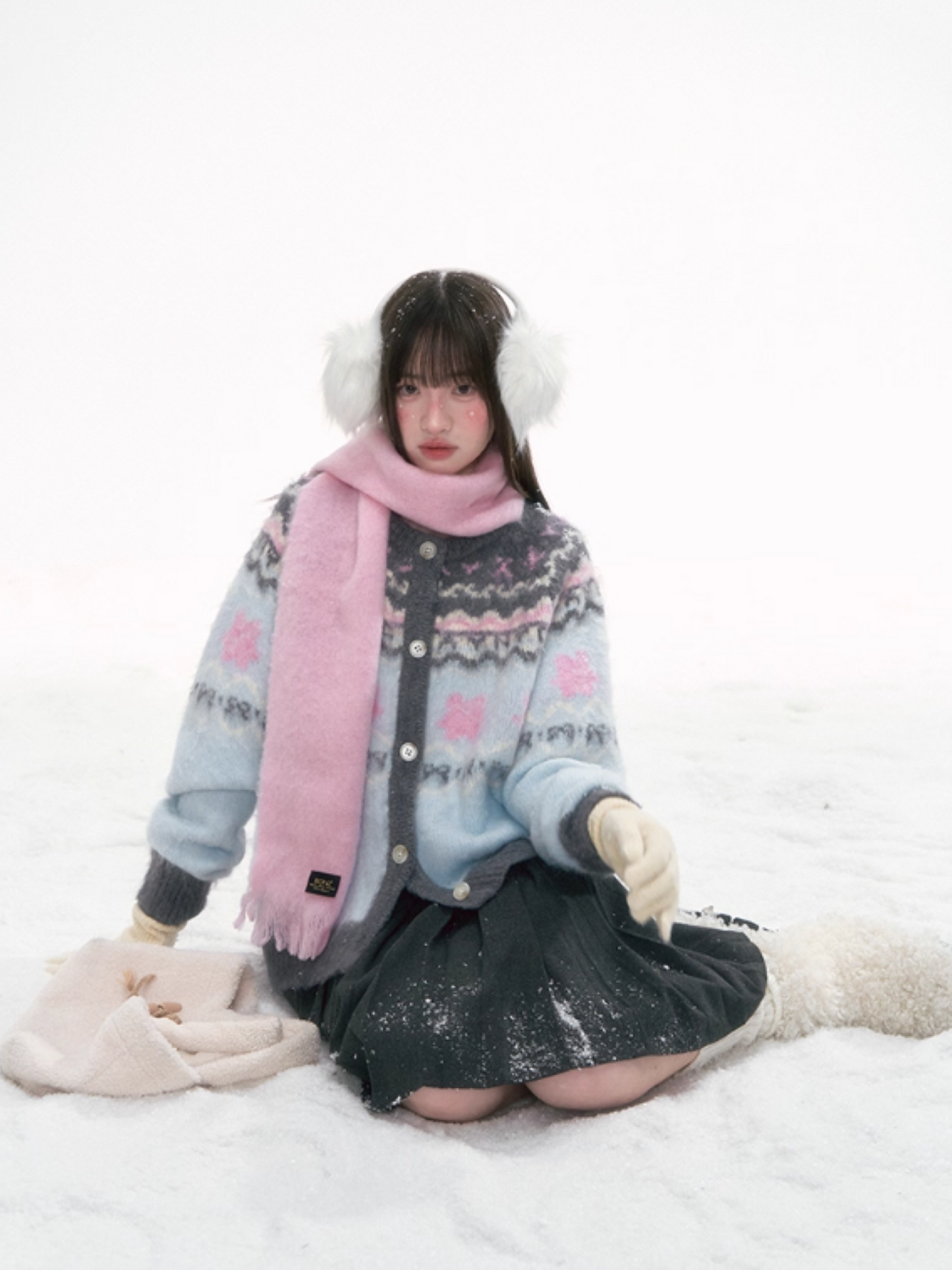 '甜梦蓝岛' Fair Isle Light Blue Knit Cardigan
