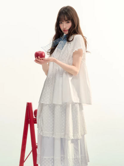 White Embroidered Peter Pan Collar Skirt Set LL2026088