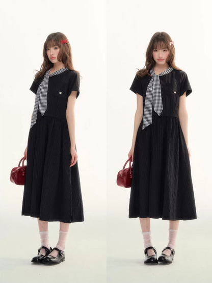 "Summer Ribbon Letter" Tie-Neck Preppy Dress LL2026016