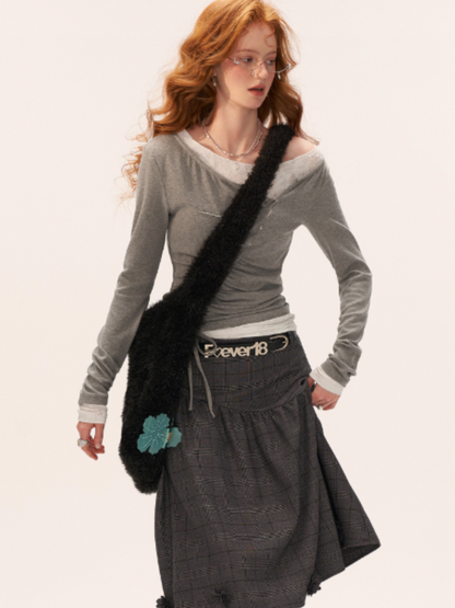 MAMC - Y2K Preppy Lace Trim Ruched Long Sleeve Top (Grey)
