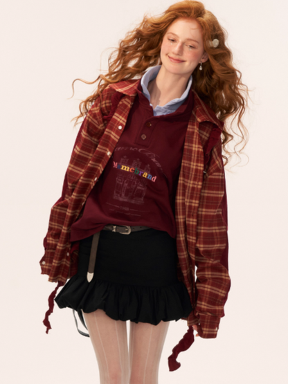 MAMC - Patchwork Plaid Oversized Sweatshirt WE824 (Deep Red)