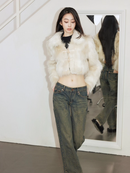 PCH - Cream White Faux Fur Coat with Toggle Buttons