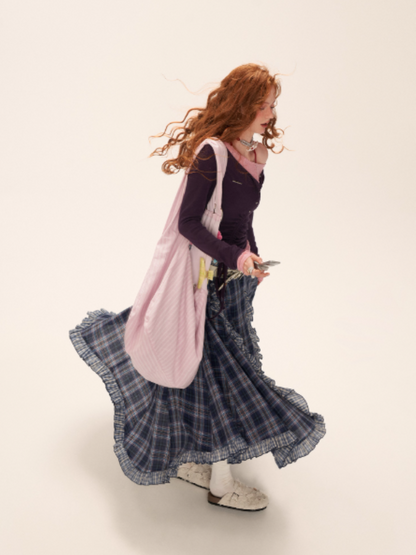 MAMC - Y2K Preppy Lace Trim Ruched Long Sleeve Top (Violet)