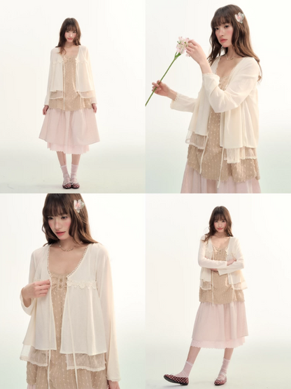Soft Lace Tie-Front Cardigan & Cami Set LL2026100