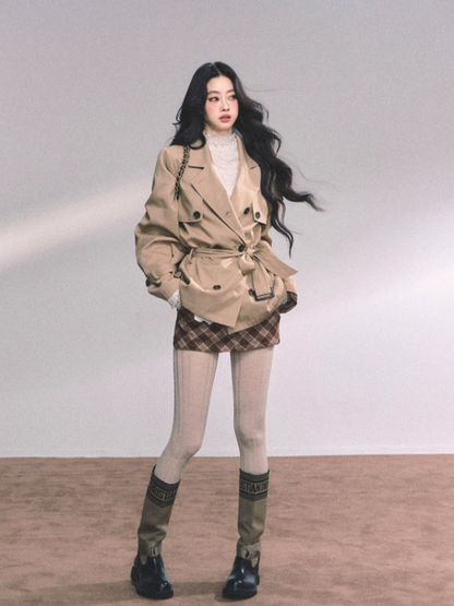 少也眼 Khaki Loose-Fit Jacket with Brown Skirt-Shorts Set