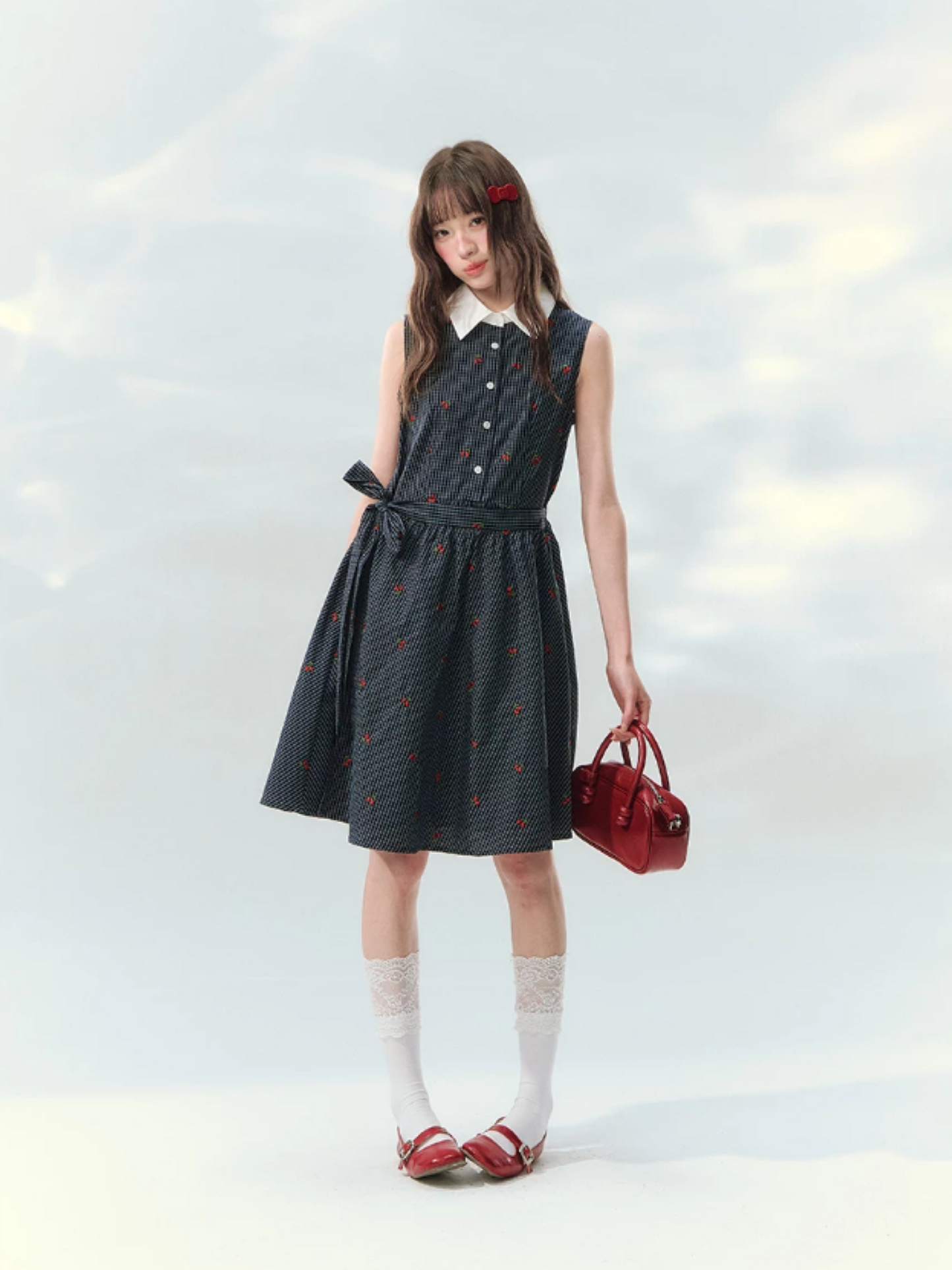 “Twin Bloom Letters” Navy Plaid Embroidered Shirt Dress LL2026139