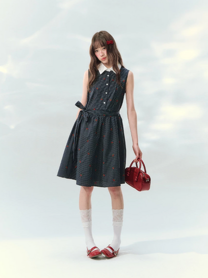 “Twin Bloom Letters” Navy Plaid Embroidered Shirt Dress LL2026139
