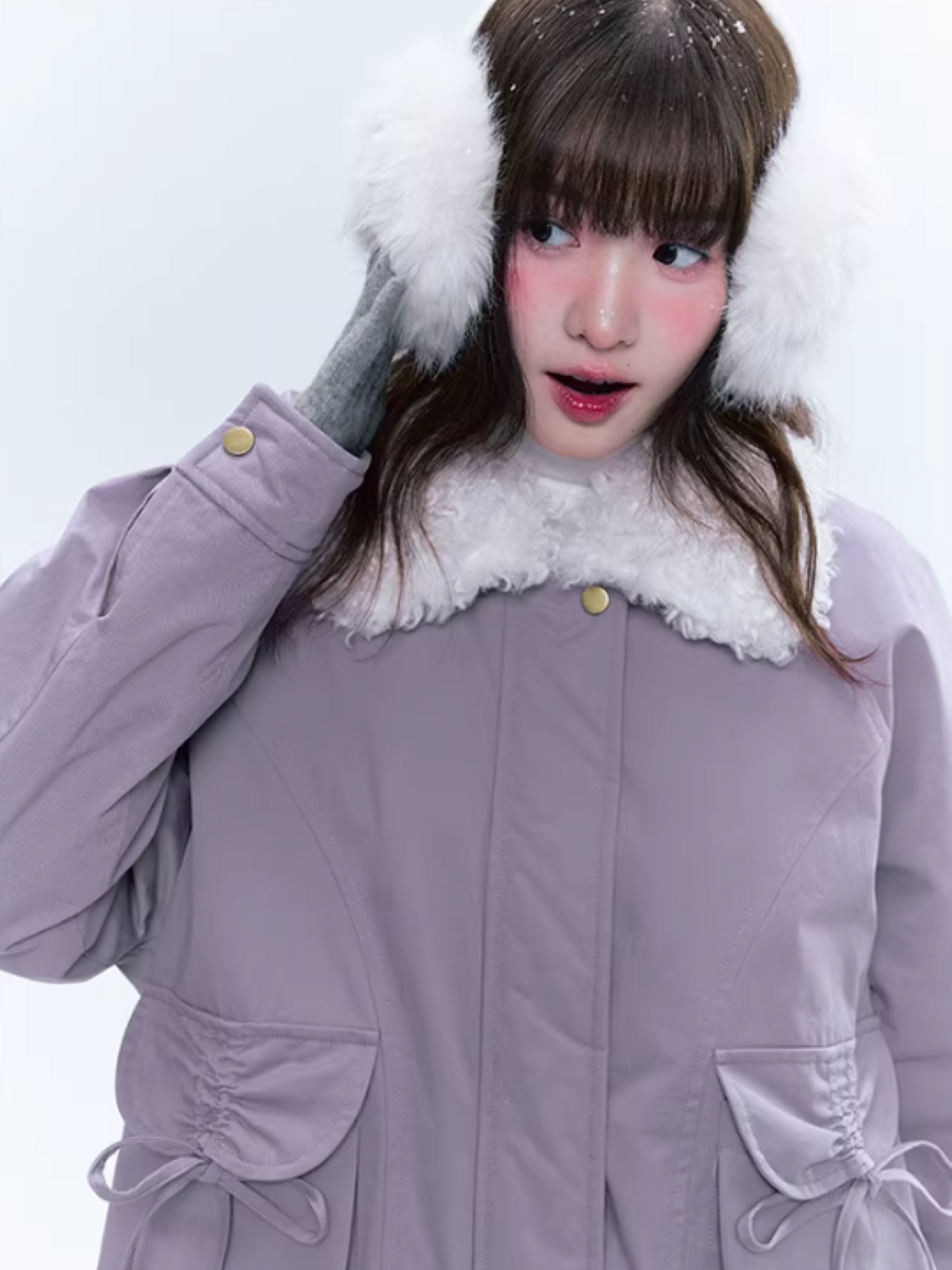 CREAMO2奶油氧气 - Taro Gray-Purple Detachable Shearling-Collar Retro Padded Jacket