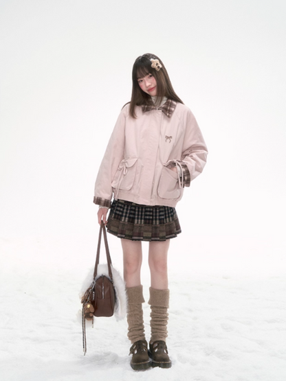 [CAN] Pink Contrast-Collar Padded Jacket with Plaid Detail