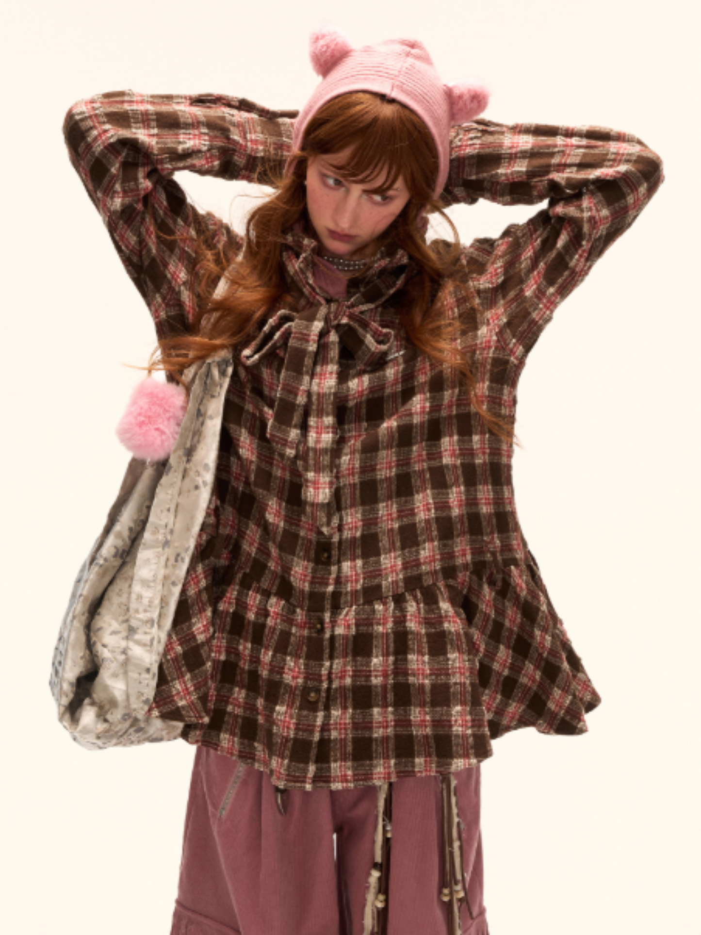 MAMC - Brown Bow Plaid Shirt Dress