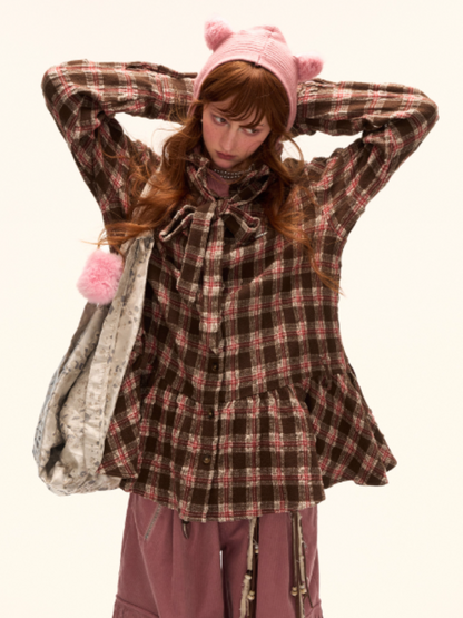 MAMC - Brown Bow Plaid Shirt Dress