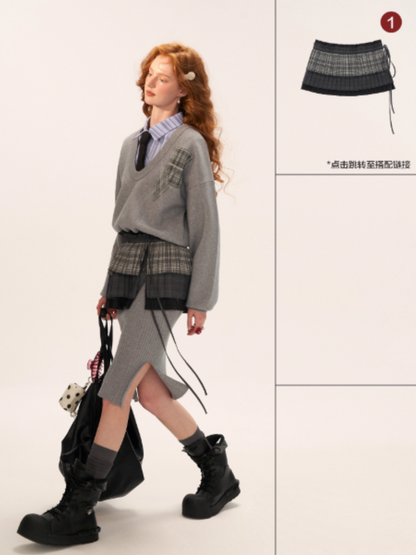 MAMC - Plaid Patchwork Knit Dress with Pleated Layered Apron Skirt WE812