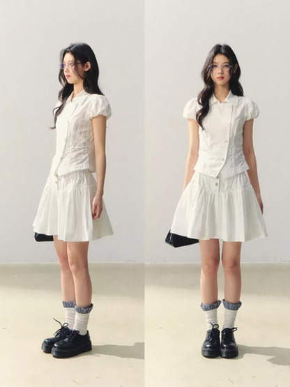 "Summer White Notes" Textured Shirt & Mini Skirt Set LL2026015