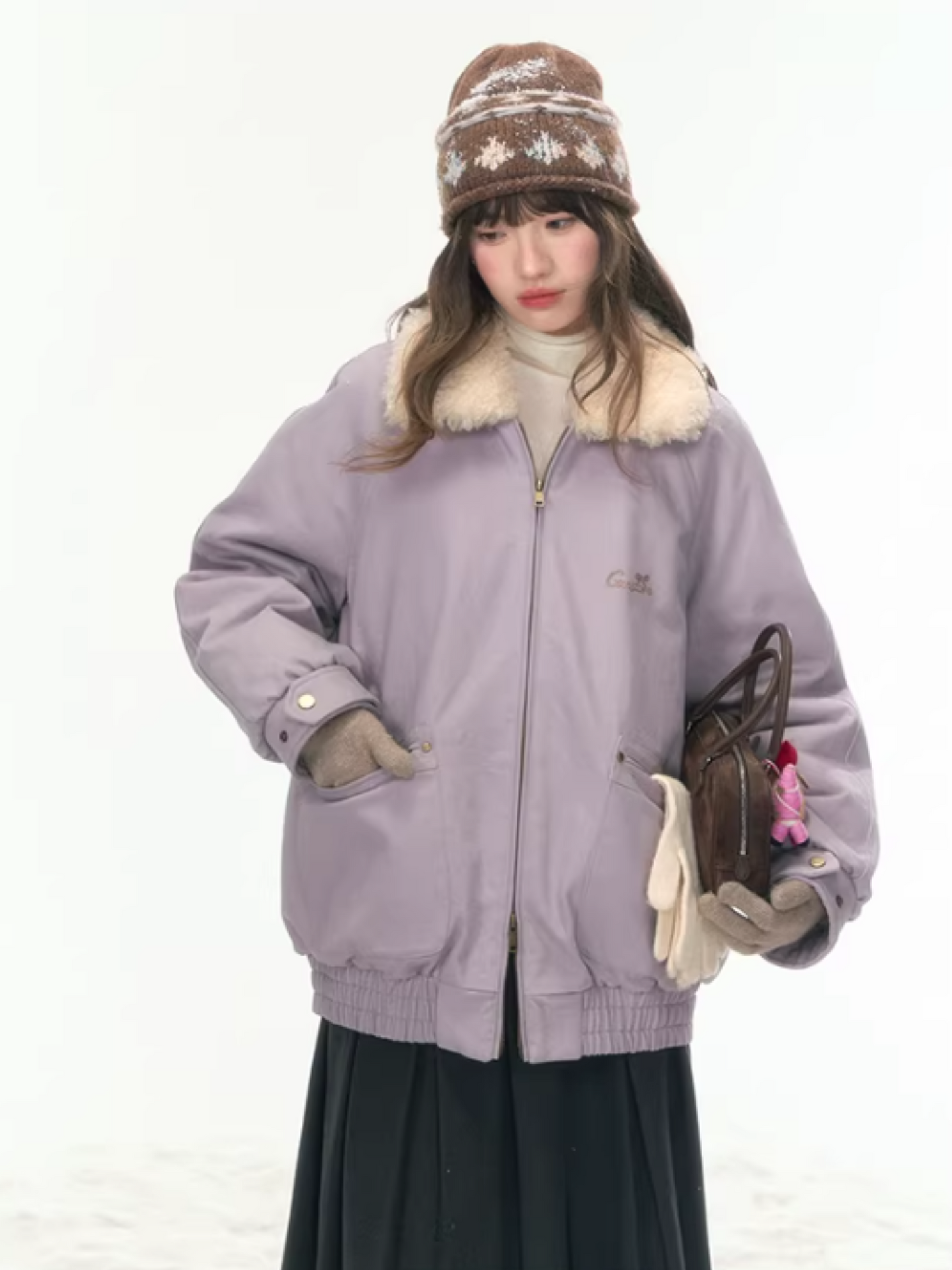 "Misty Lilac" Contrast Fur Collar Utility Down Jacket LL2025457