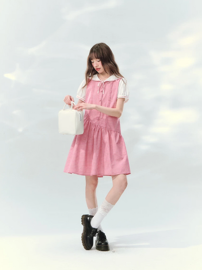 “Peach Plaid Academy” Pink Plaid Peter Pan Dress LL2026152