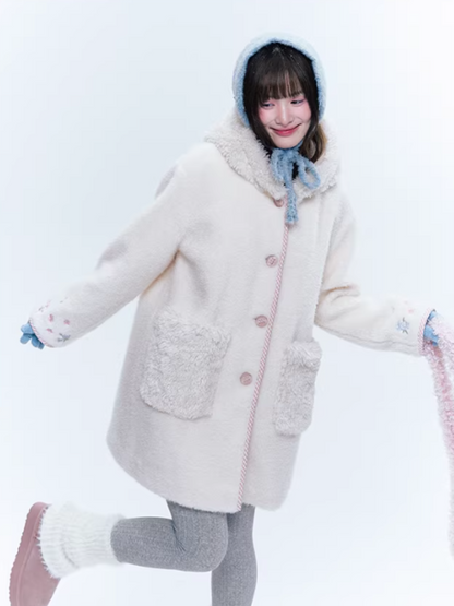 CREAMO2奶油氧气 - Soft Ivory Embroidered Teddy Wool-Style Midi Coat