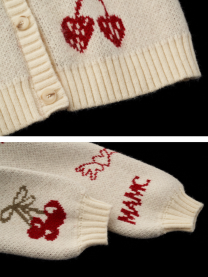 White Knit Cardigan with Apple & Cherry Embroidery WE751