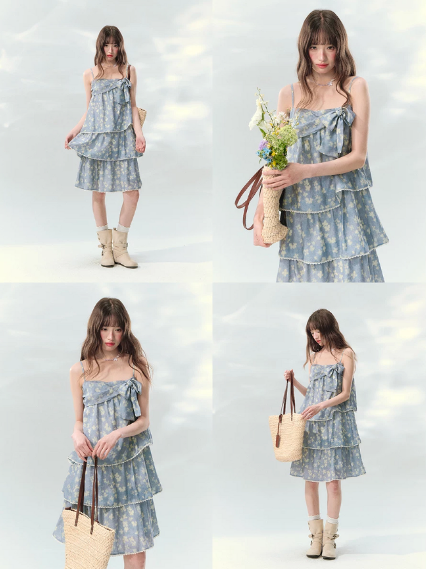 “Blue Mist Petals” Dusty Blue Floral Tiered Mini Dress LL2026120