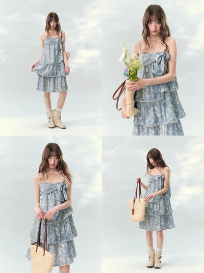 “Blue Mist Petals” Dusty Blue Floral Tiered Mini Dress LL2026120
