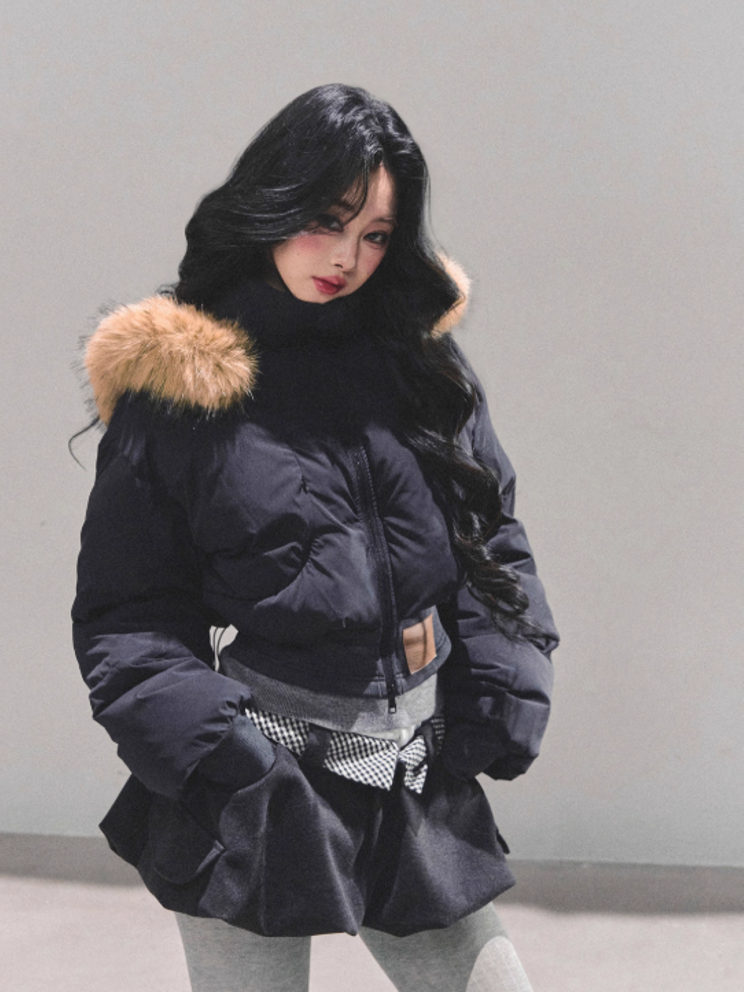少也眼 Korean Preppy Short Puffer Jacket - Navy Blue