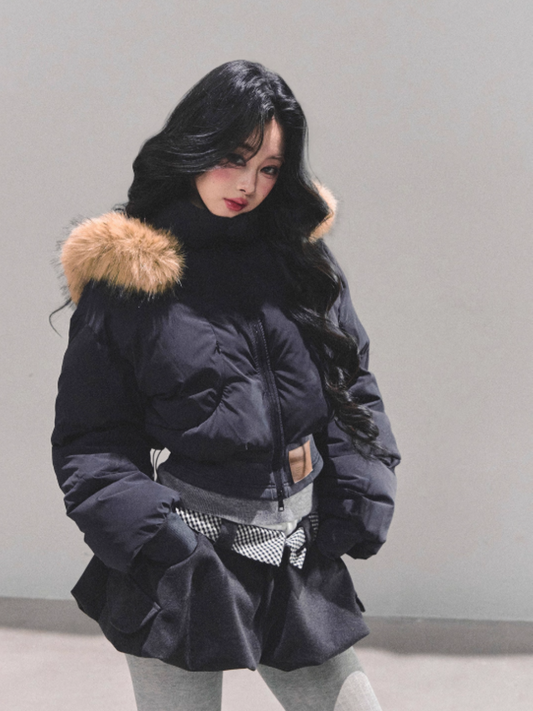 少也眼 Korean Preppy Short Puffer Jacket - Navy Blue