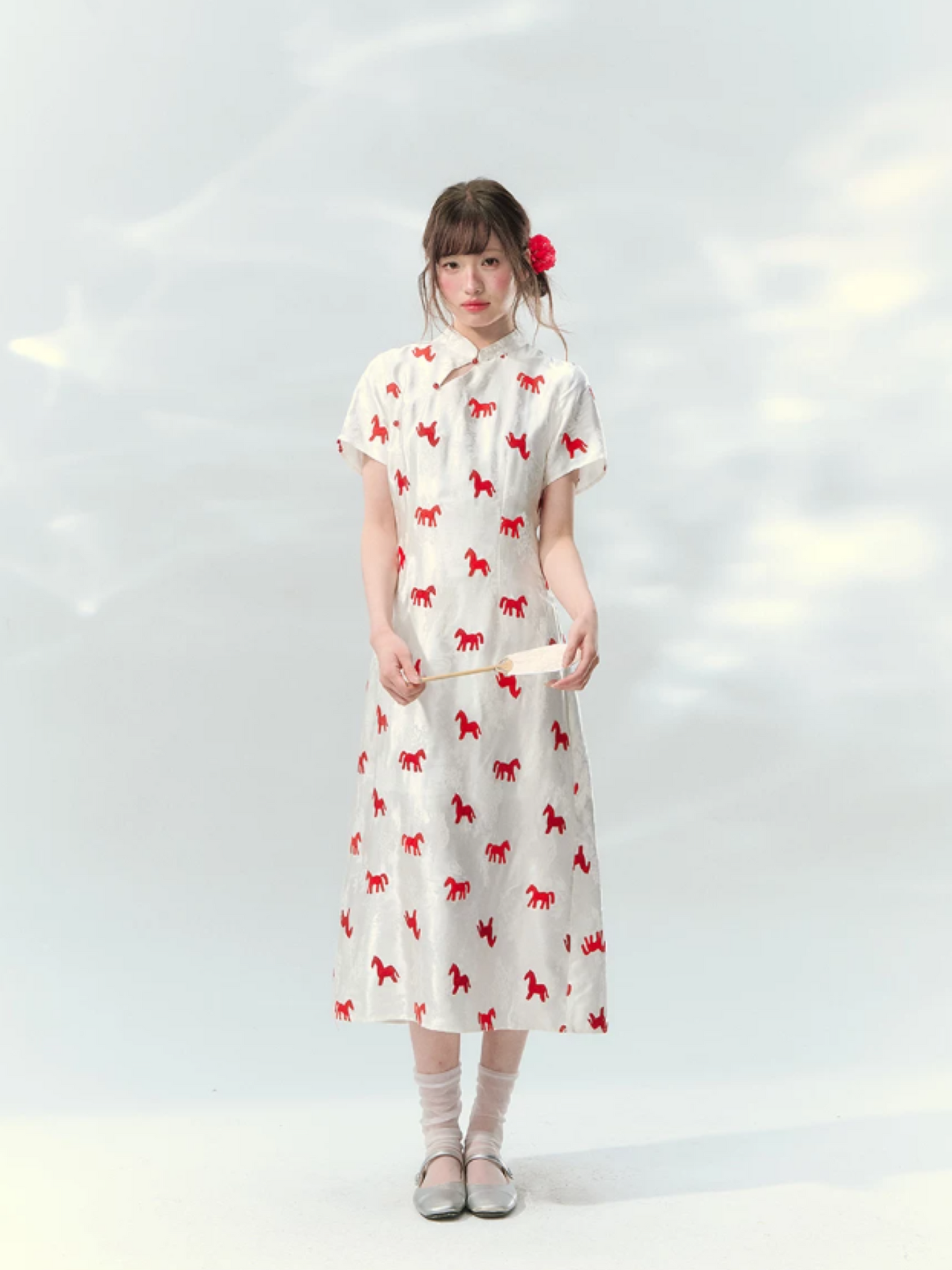 “Crimson Steed Reverie” Red Embroidered Cheongsam Dress LL2026165