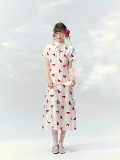 “Crimson Steed Reverie” Red Embroidered Cheongsam Dress LL2026165