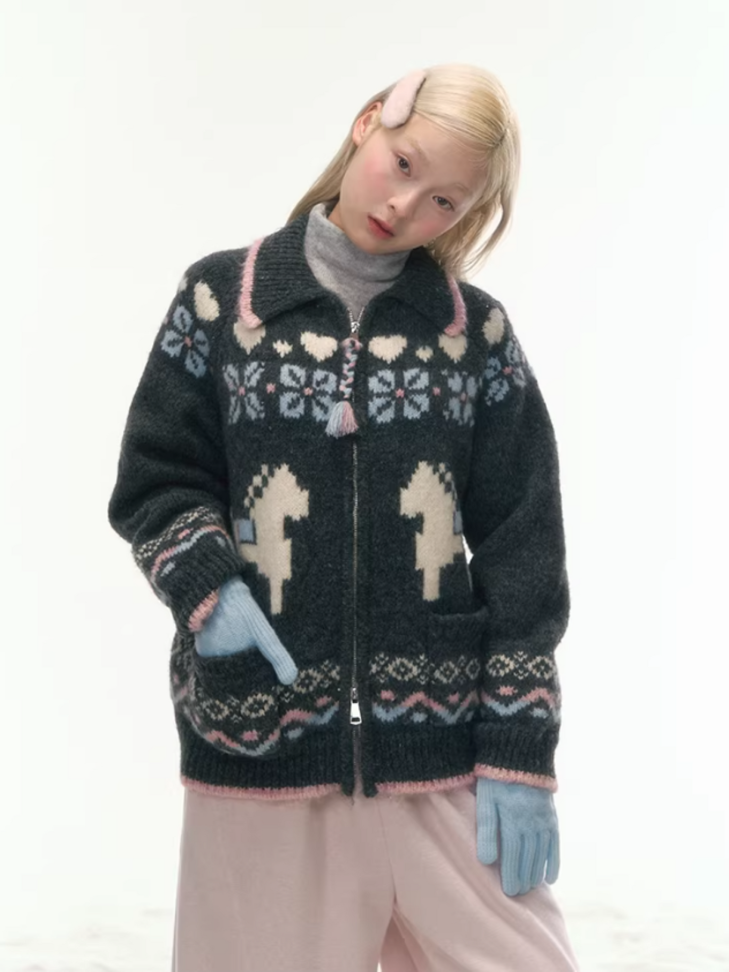 "Nordic Fairytale" Charcoal Pony Zip-Up Knit Cardigan WW2025449