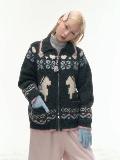 "Nordic Fairytale" Charcoal Pony Zip-Up Knit Cardigan WW2025449