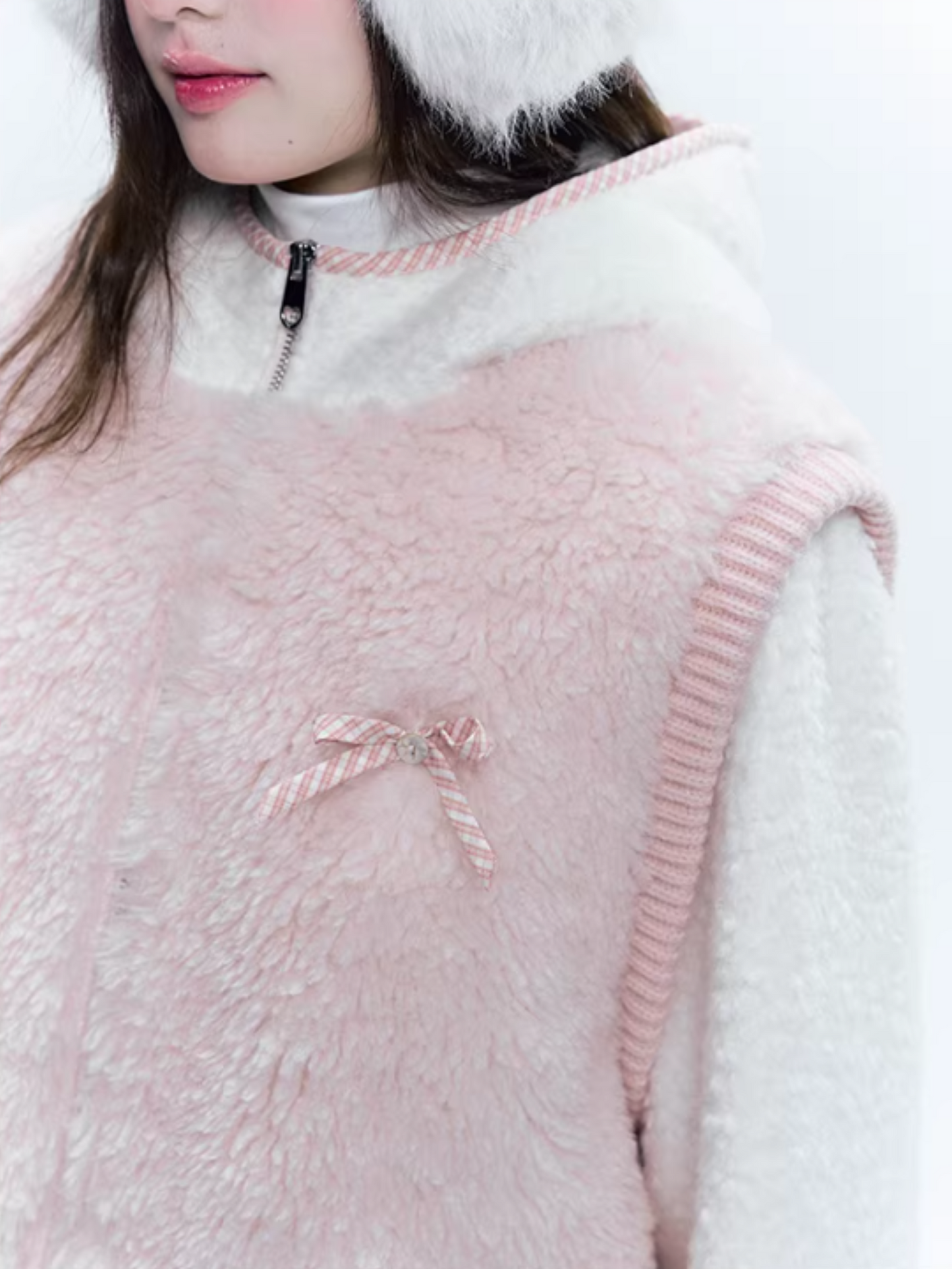 CREAMO2奶油氧气 - Pink & White Faux-Layered Teddy Padded Jacket