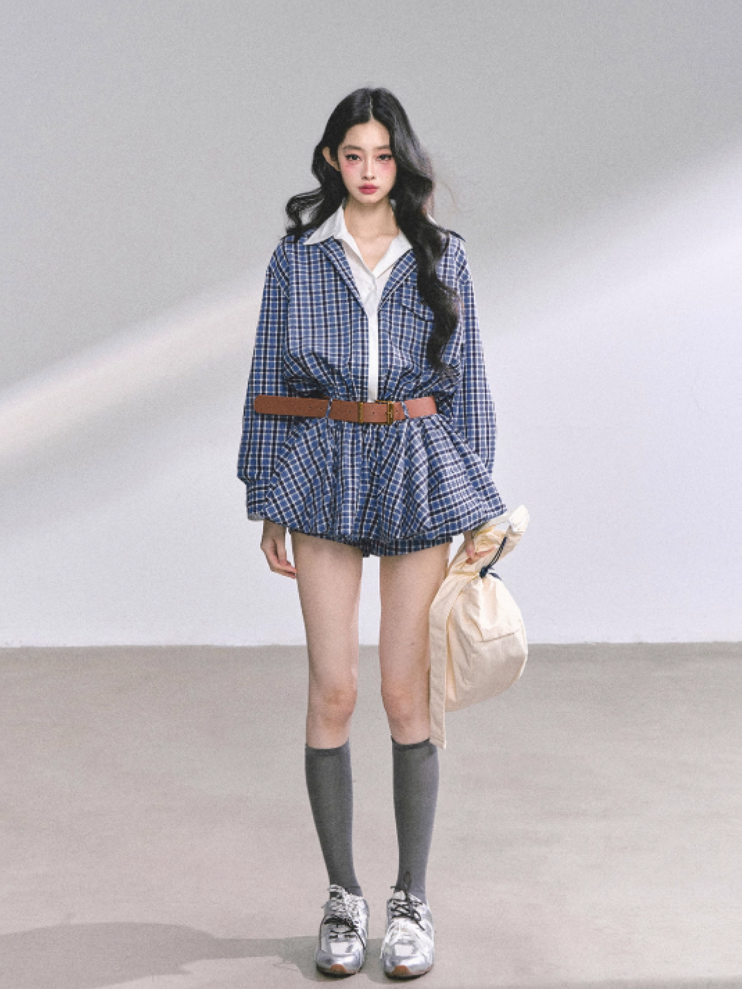 少也眼 Yale Preppy Puff Mini Dress Set with Shorts, Belt & Shawl (Navy)